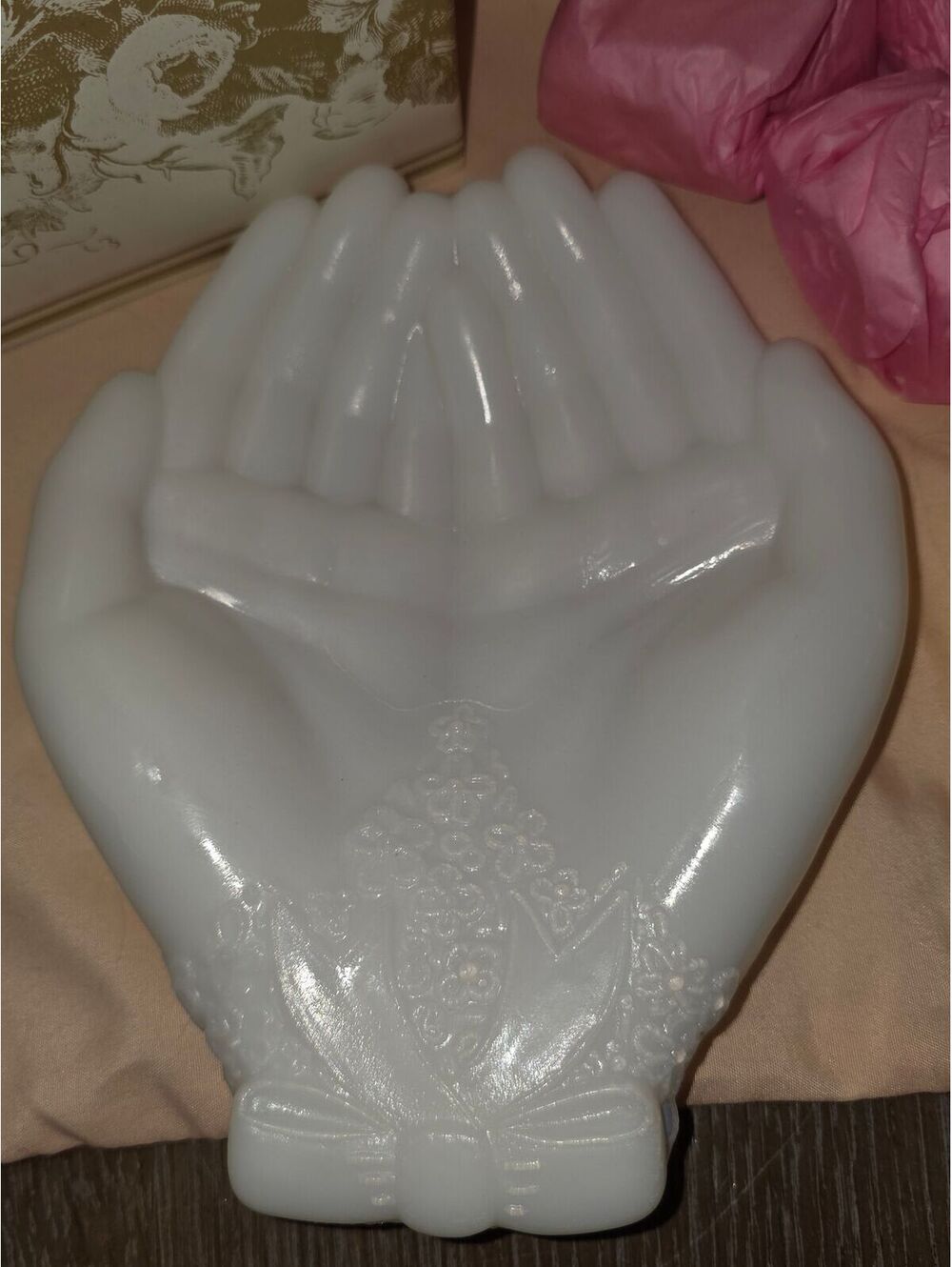 Milk glass hands soap dish w soap and box